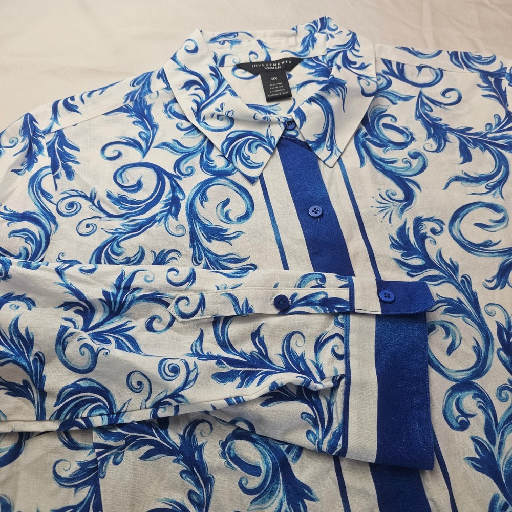 Investments Woman 2X Stretch Linen Blue White Scroll Button Down Shirt 1189